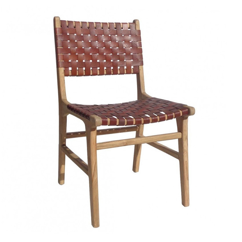 Chaise design en bois et cuir marron tressé - Zoé