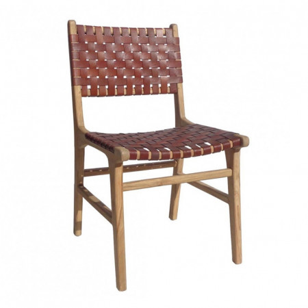 Chaise design en bois et cuir marron tressé - Zoé