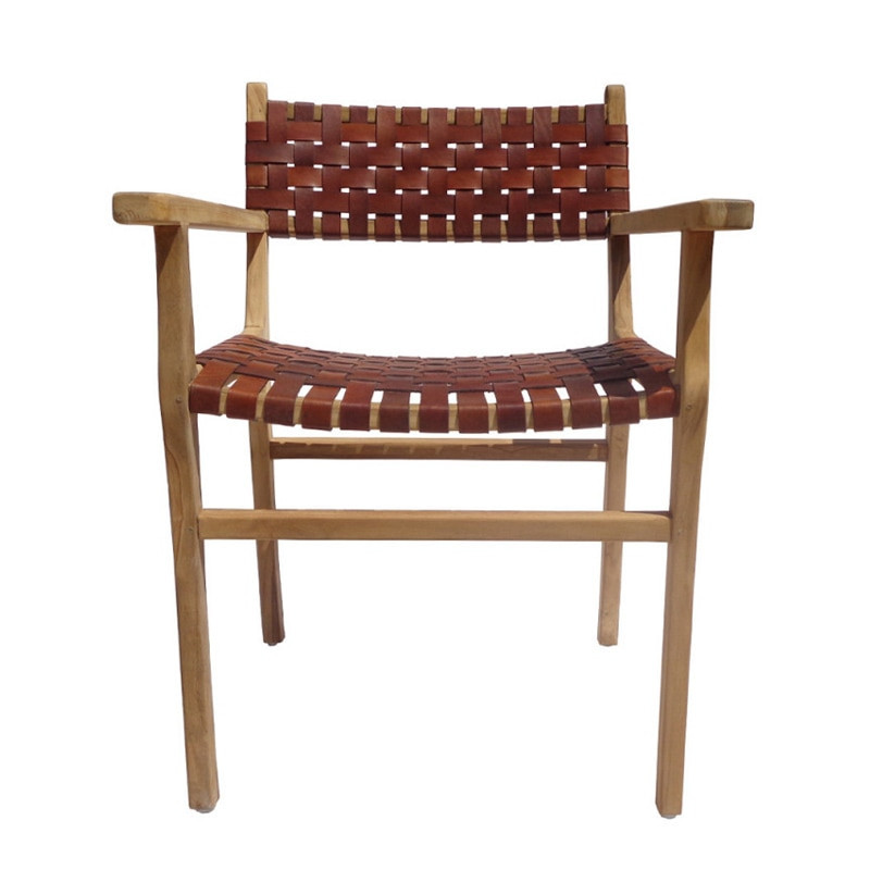Chaise design en bois et cuir marron tressé avec accoudoirs - Zoé