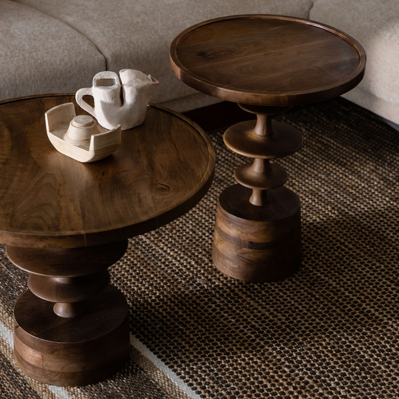 Petite table basse ronde bois de manguier pied central - Cath 