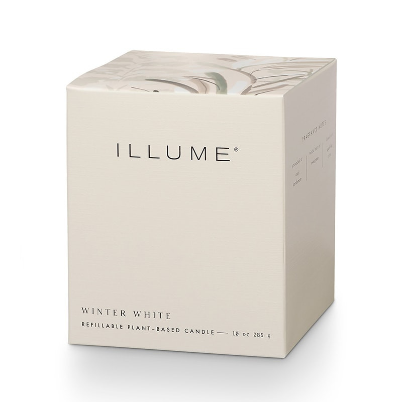 Bougie parfumée cardamome fraîche, feuilles persistantes et éclats d'agrumes en verre 335g Illume - Winter White 