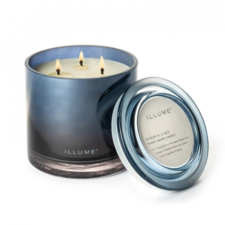 Bougie parfumée feuilles vertes, pluie fraîche et éclats de citron en verre avec couvercle 590g Illume - Hidden Lake 