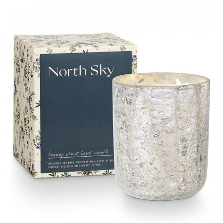 Bougie parfumée ébène, cassis et agrumes sucrés en verre craquelé avec boîte cadeau 235g Illume - North Sky 