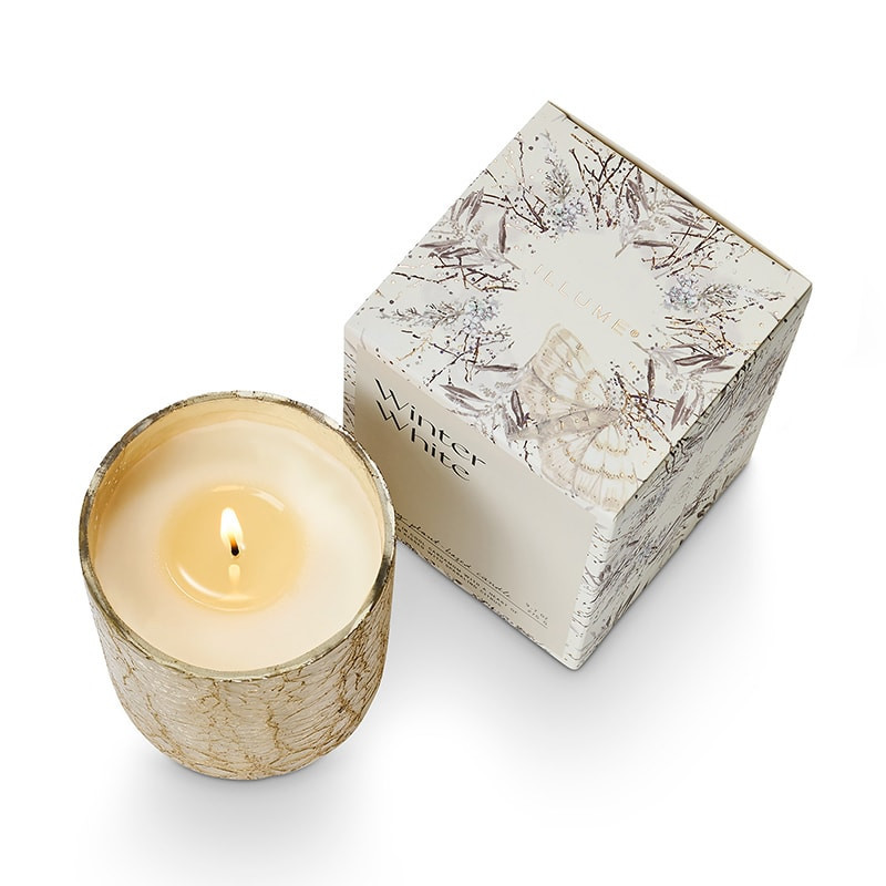 Bougie parfumée cardamome fraîche et éclat d'agrumes en verre craquelé avec boîte cadeau 235g Illume - Winter White 