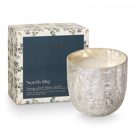 Bougie parfumée ébène, cassis et agrumes sucrés en verre craquelé avec boîte cadeau 610g Illume - North Sky 