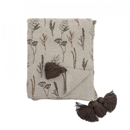 Plaid en coton recyclé beige pompons marrons motif floral Bloomingville - Pyle 