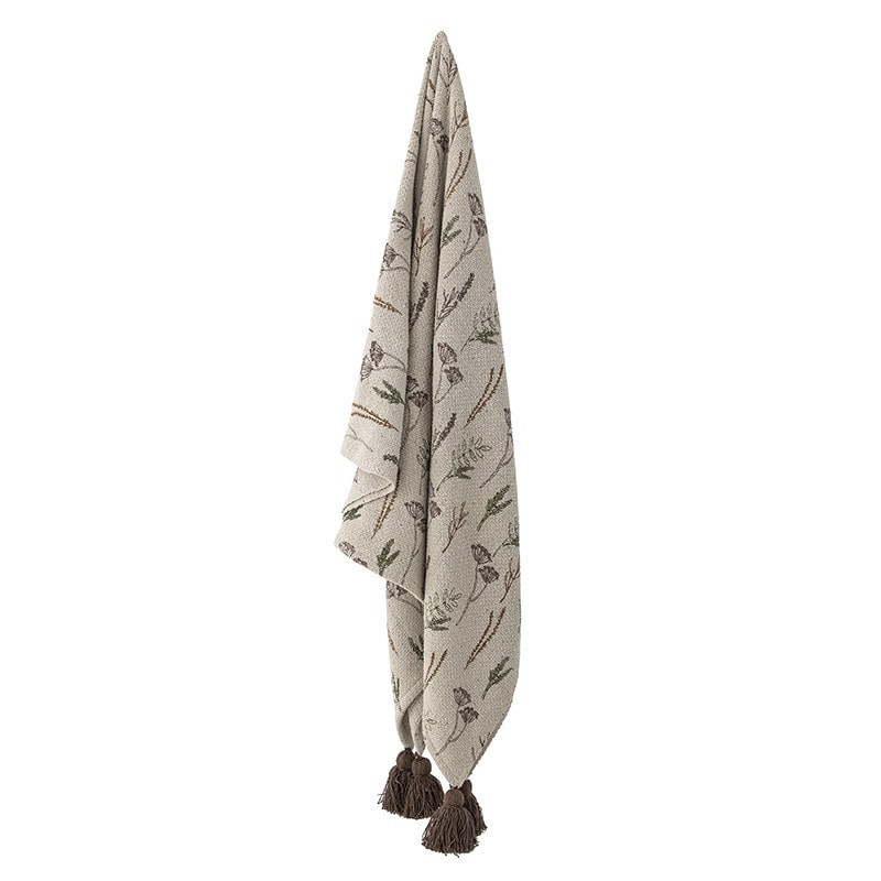 Plaid en coton recyclé beige pompons marrons motif floral Bloomingville - Pyle 