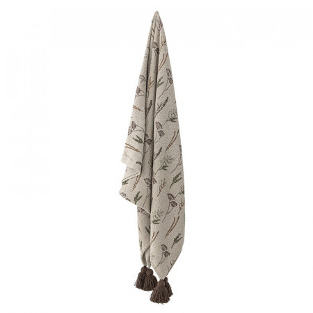 Plaid en coton recyclé beige pompons marrons motif floral Bloomingville - Pyle 