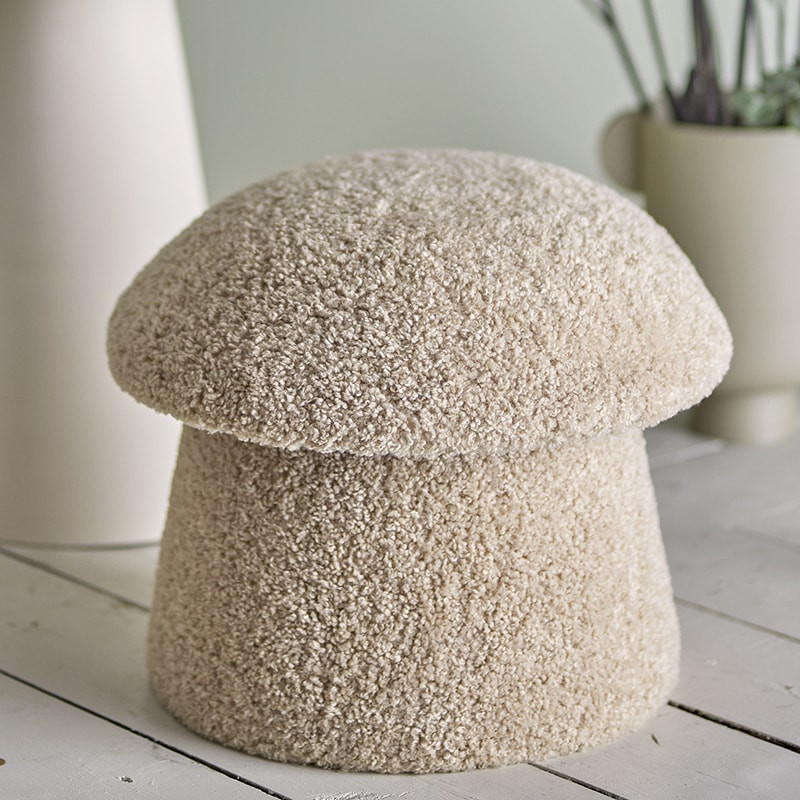 Pouf coffre forme champignon en tissu bouclé beige style scandinave - Bocca 