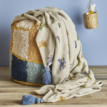 Plaid en coton recyclé avec motifs avions et pompons bleus enfant - Plane 