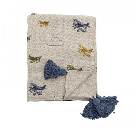 Plaid en coton recyclé avec motifs avions et pompons bleus enfant - Plane 