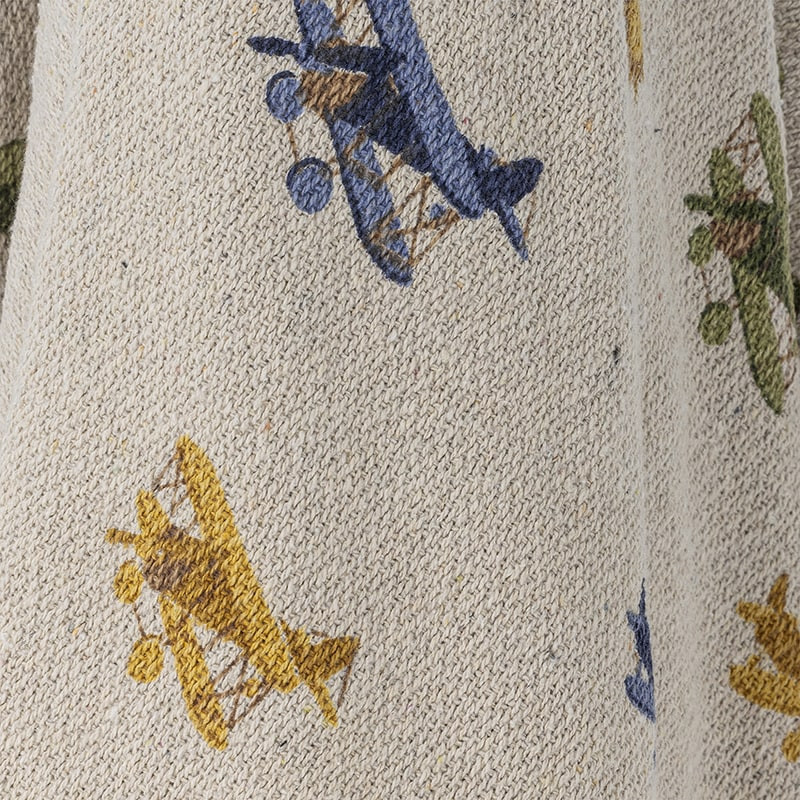 Plaid en coton recyclé avec motifs avions et pompons bleus enfant - Plane 