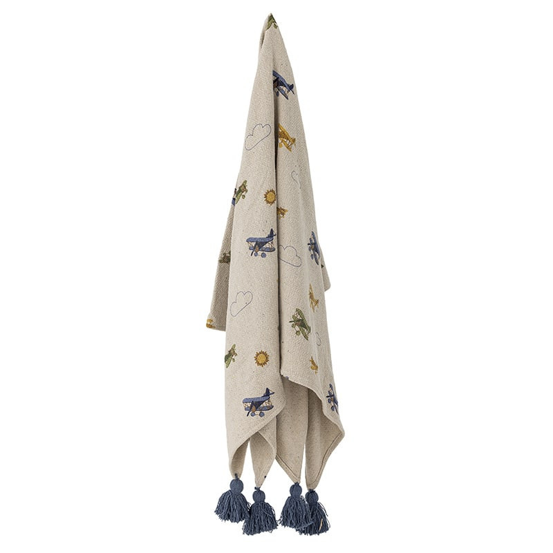 Plaid en coton recyclé avec motifs avions et pompons bleus enfant - Plane 