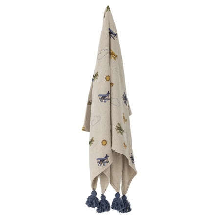 Plaid en coton recyclé avec motifs avions et pompons bleus enfant - Plane 