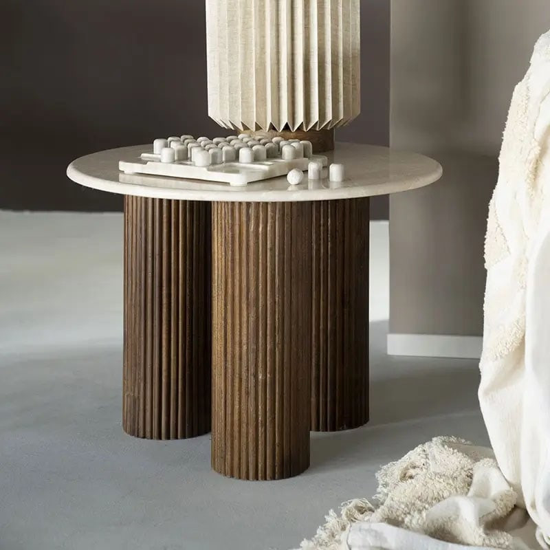 Bout de canapé 3 pieds bois rond et plateau marbre blanc - Xa 