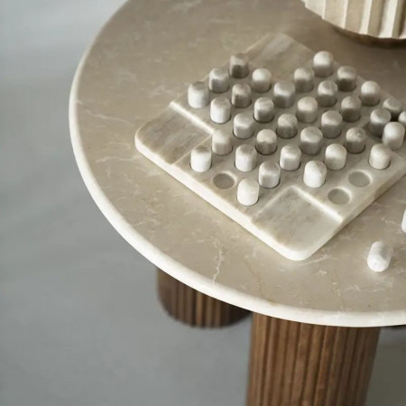 Bout de canapé 3 pieds bois rond et plateau marbre blanc - Xa 