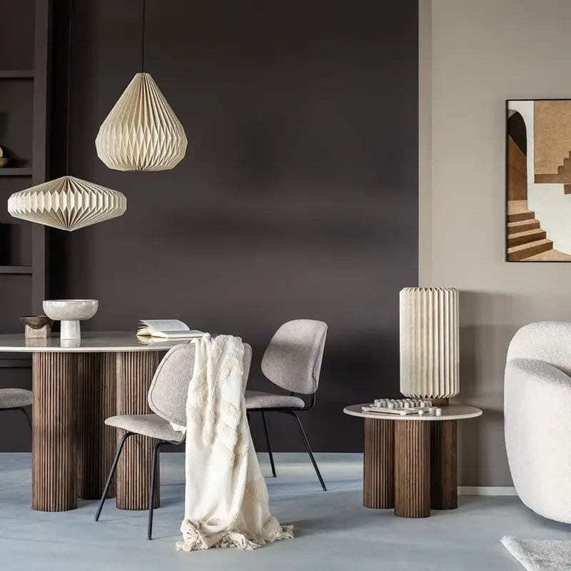 Bout de canapé 3 pieds bois rond et plateau marbre blanc - Xa 