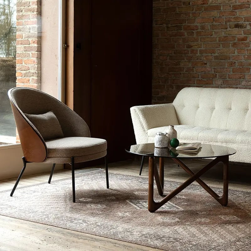 Table basse ronde verre fumé pied noyer design - Naia