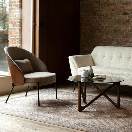 Table basse ronde verre fumé pied noyer design - Naia 