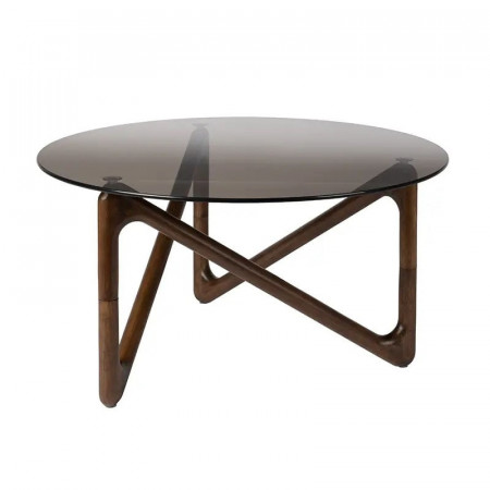 Table basse ronde verre fumé pied noyer design - Naia 