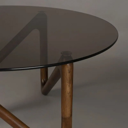 Table basse ronde verre fumé pied noyer design - Naia 