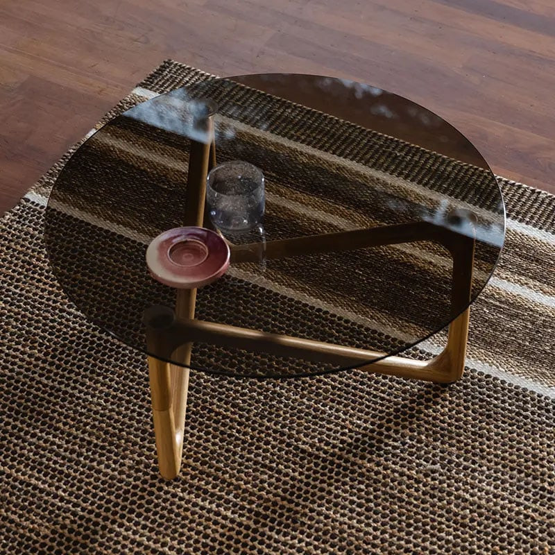 Table basse ronde verre fumé pied bois design - Naia