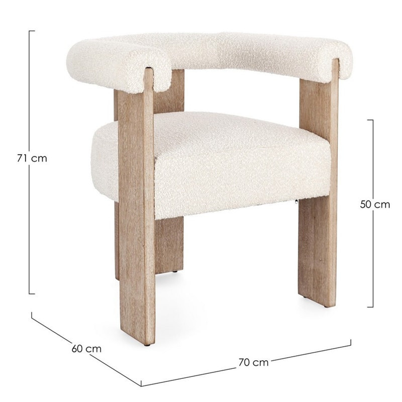 Chaise avec accoudoirs en bois naturel et tissu bouclette blanc - Agavin 