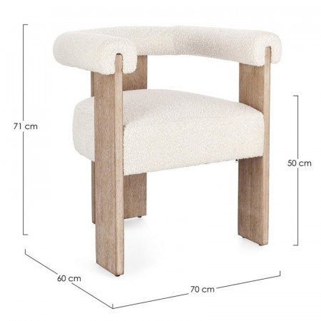 Chaise avec accoudoirs en bois naturel et tissu bouclette blanc - Agavin 