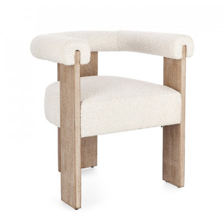 Chaise avec accoudoirs en bois naturel et tissu bouclette blanc - Agavin 