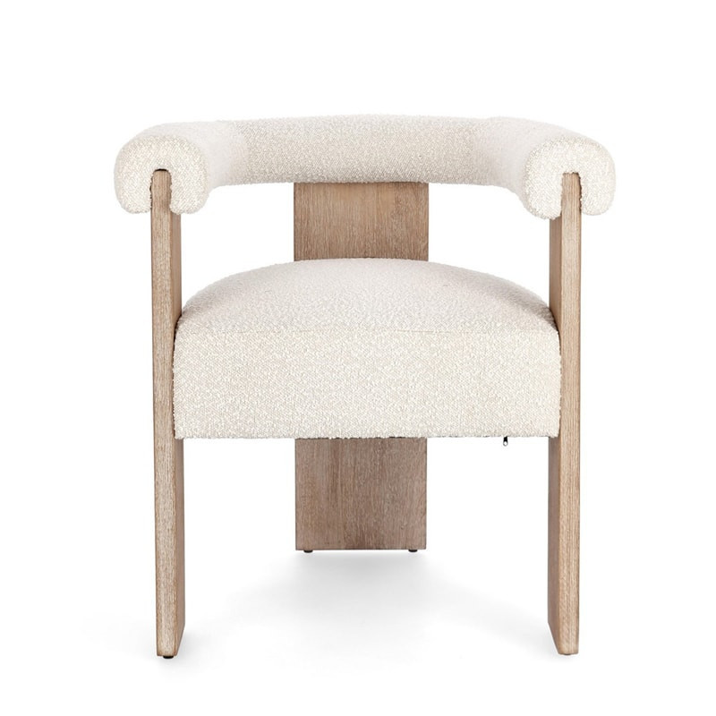 Chaise avec accoudoirs en bois naturel et tissu bouclette blanc - Agavin 