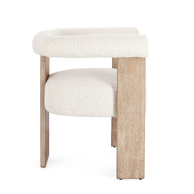 Chaise avec accoudoirs en bois naturel et tissu bouclette blanc - Agavin 