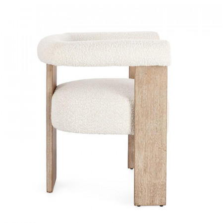 Chaise avec accoudoirs en bois naturel et tissu bouclette blanc - Agavin 