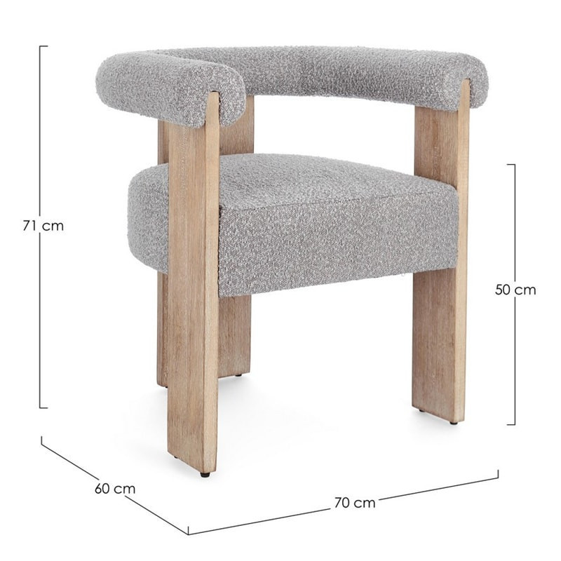 Chaise avec accoudoirs en bois naturel et tissu bouclette gris - Agavin 