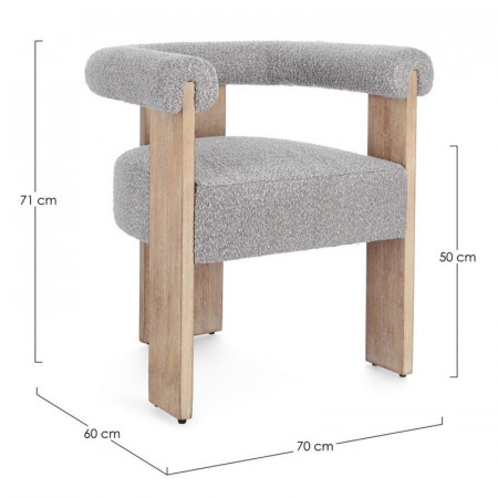 Chaise avec accoudoirs en bois naturel et tissu bouclette gris - Agavin 