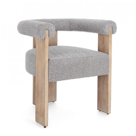 Chaise avec accoudoirs en bois naturel et tissu bouclette gris - Agavin 
