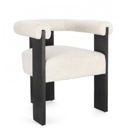 Chaise avec accoudoirs en bois noir et tissu bouclette blanc - Agavin 