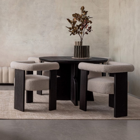 Chaise avec accoudoirs en bois noir et tissu bouclette blanc - Agavin 