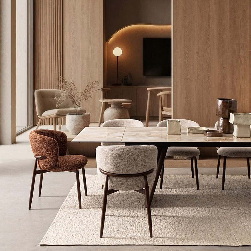 Chaise design en tissu bouclé beige et piétement effet bois - Amalys 