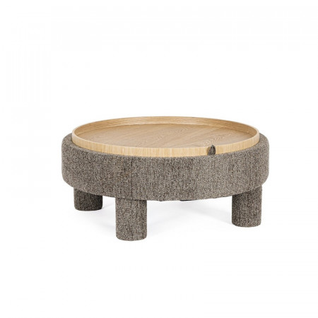 Pouf gris rond avec plateau intégré en bois - Hania 