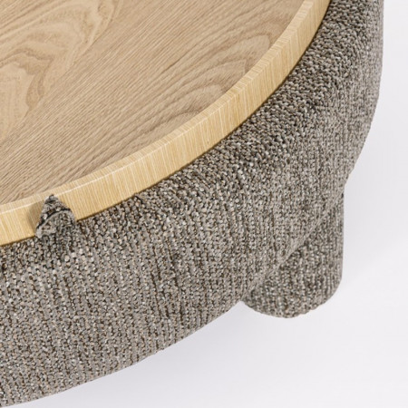 Pouf gris rond avec plateau intégré en bois - Hania 