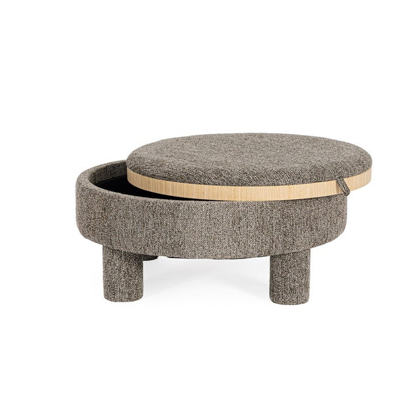 Pouf gris rond avec plateau intégré en bois - Hania 
