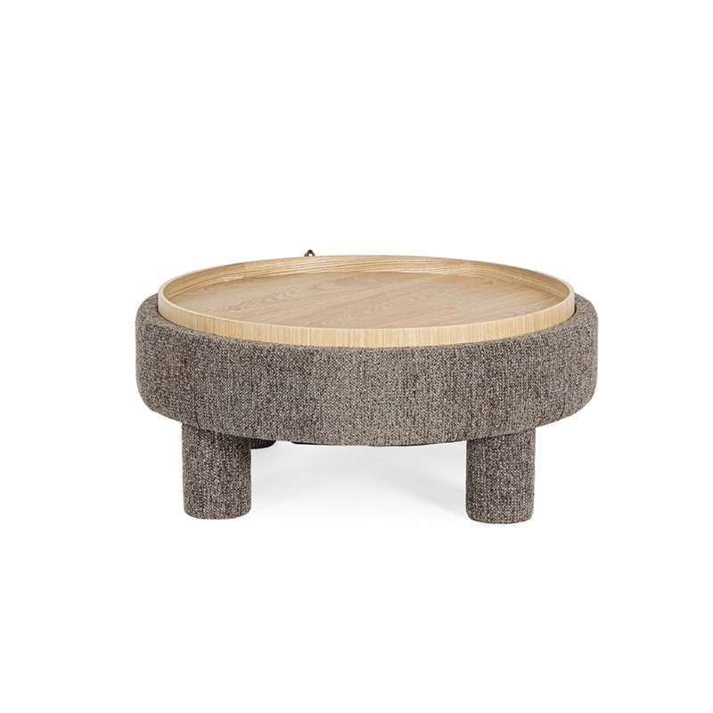 Pouf gris rond avec plateau intégré en bois - Hania 