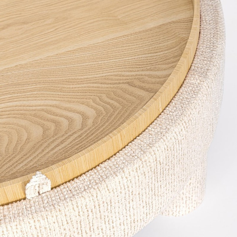 Pouf blanc rond avec plateau intégré en bois - Hania 