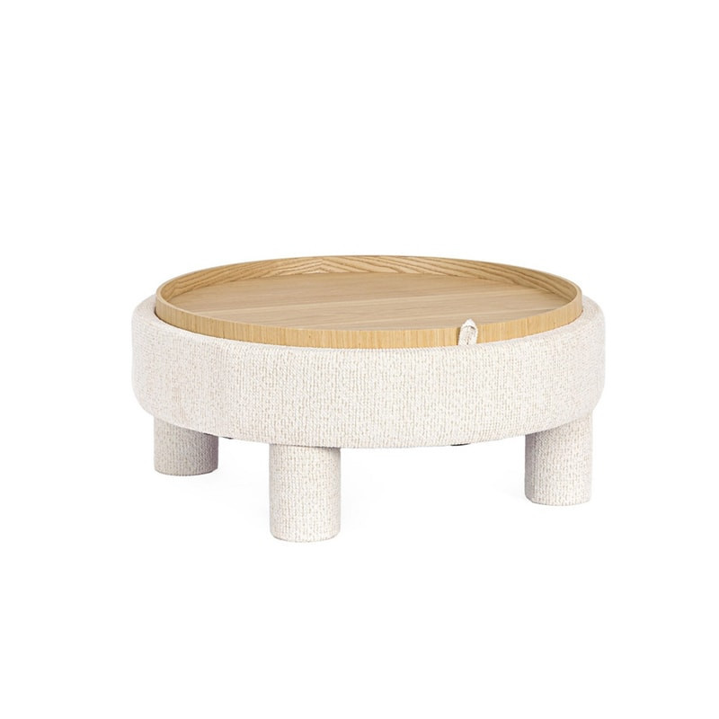 Pouf blanc rond avec plateau intégré en bois - Hania 