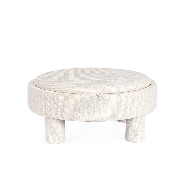 Pouf blanc rond avec plateau intégré en bois - Hania 
