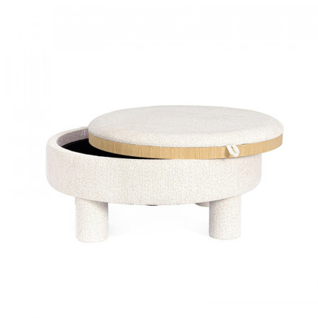 Pouf blanc rond avec plateau intégré en bois - Hania 