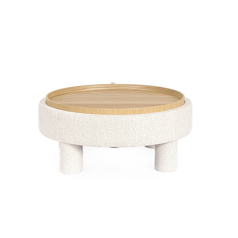 Pouf blanc rond avec plateau intégré en bois - Hania 
