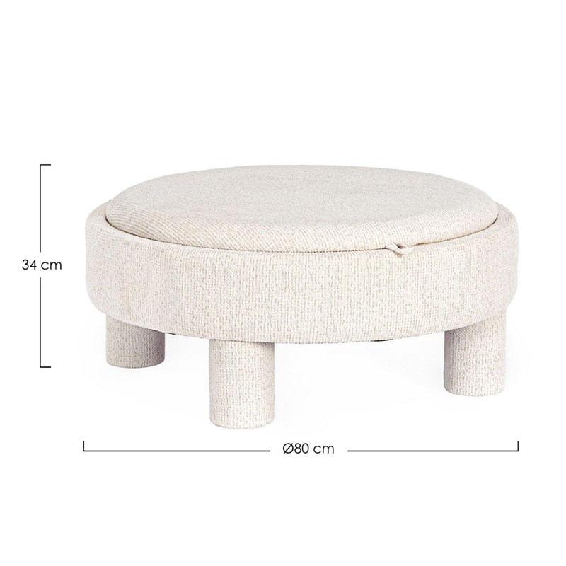 Pouf blanc rond avec plateau intégré en bois - Hania 