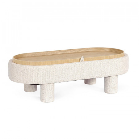 Pouf blanc large et arrondi avec plateau intégré en bois - Hania 