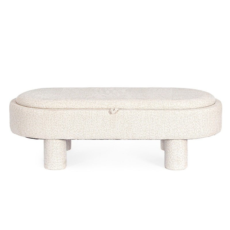 Pouf blanc large et arrondi avec plateau intégré en bois - Hania 